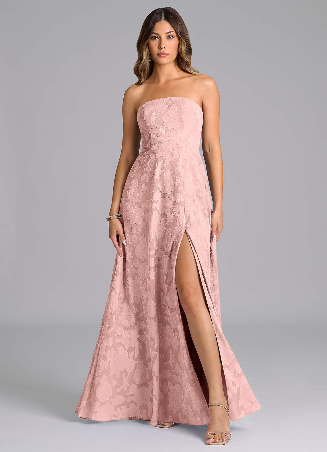 Wren A-Line Strapless Floral Burnout Bridesmaid Dress in Powder Pink