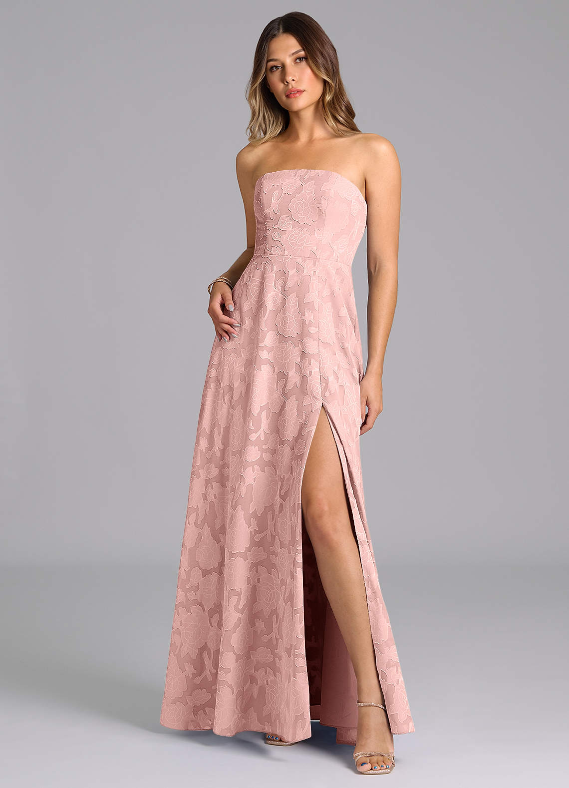 Wren A-Line Strapless Floral Burnout Bridesmaid Dress in Powder Pink