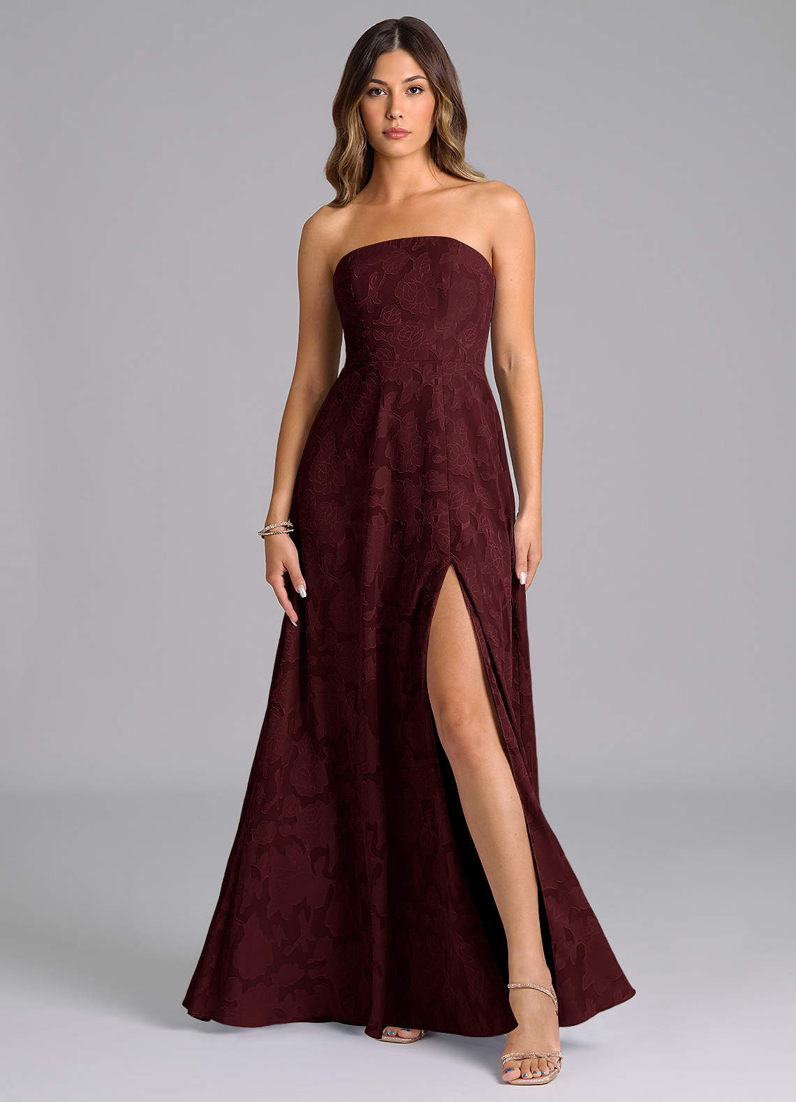 Wren A-Line Strapless Floral Burnout Bridesmaid Dress in Cabernet
