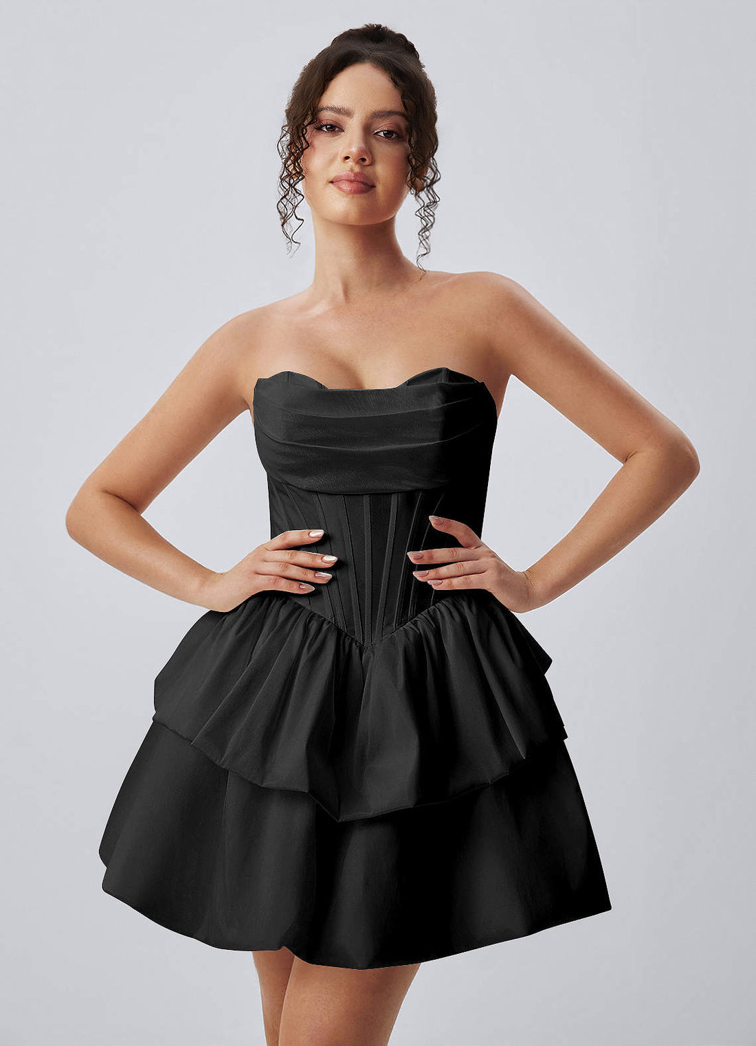Noelle A-Line Mini Strapless Poplin Prom Dress in black