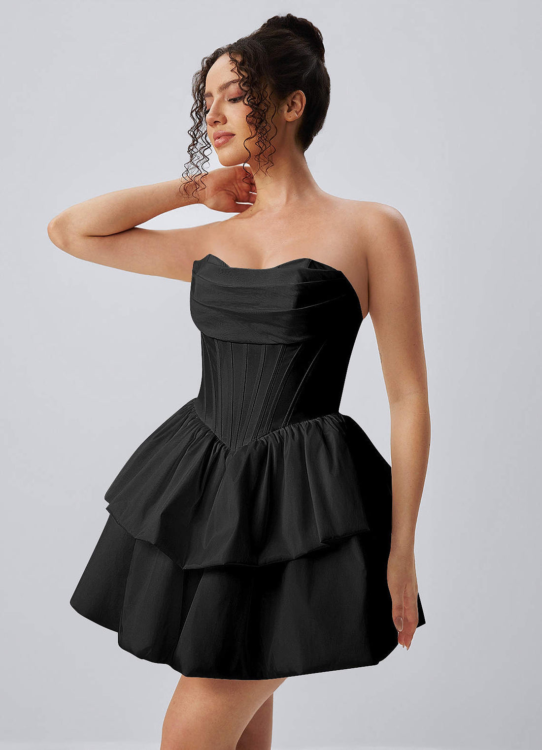 Noelle A-Line Mini Strapless Poplin Prom Dress in black
