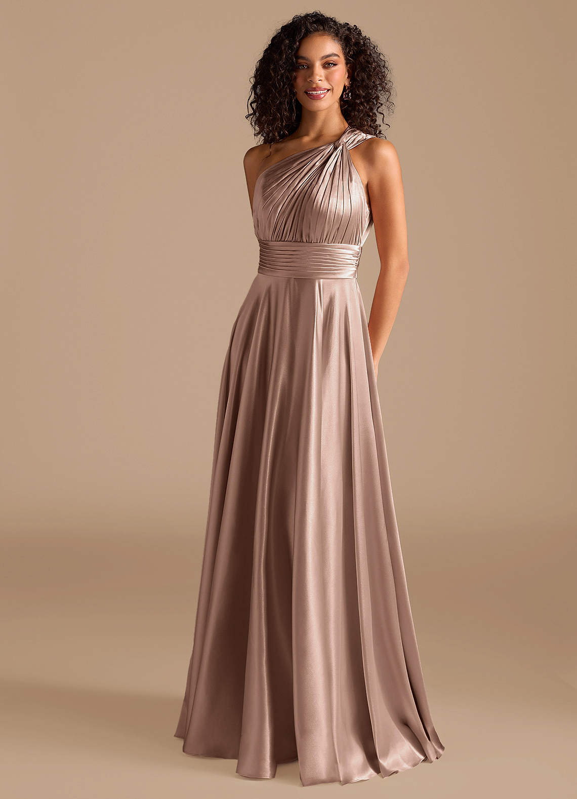 Charlize A-Line One-Shoulder Metallic Satin Bridesmaid Dress in Taupe