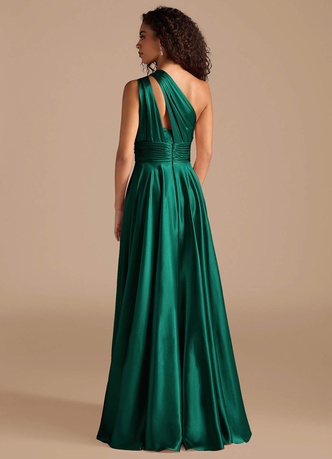 Charlize A-Line One-Shoulder Metallic Satin Bridesmaid Dress in Emerald