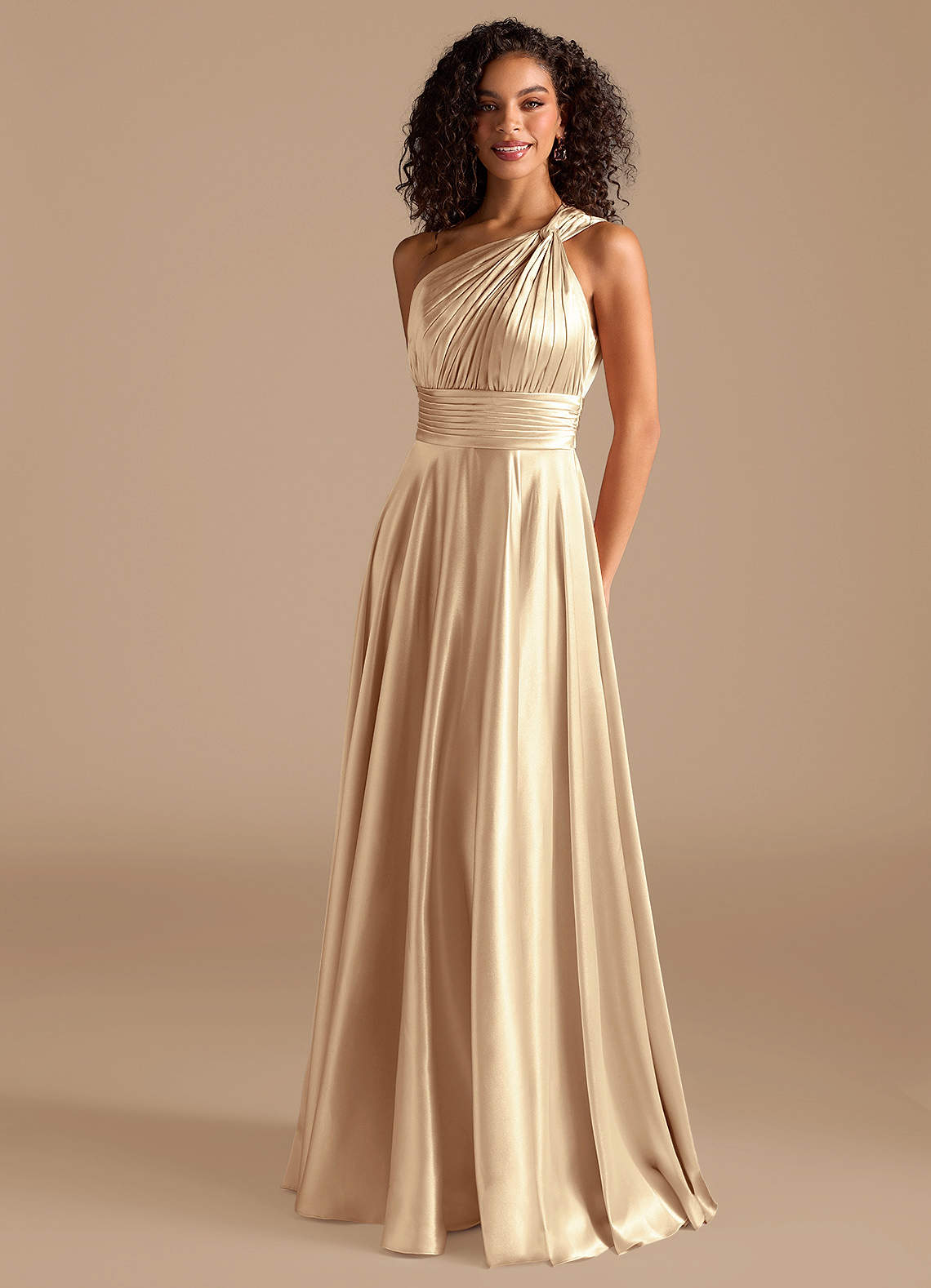 Charlize A-Line One-Shoulder Metallic Satin Bridesmaid Dress in Gold