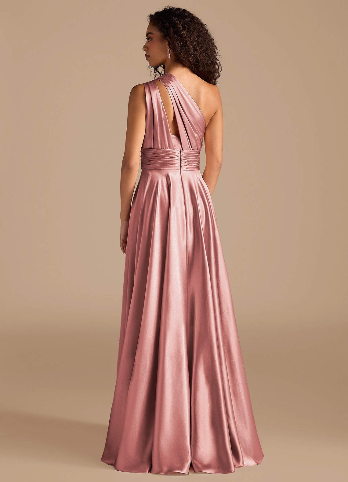Charlize A-Line One-Shoulder Metallic Satin Bridesmaid Dress in dusty rose