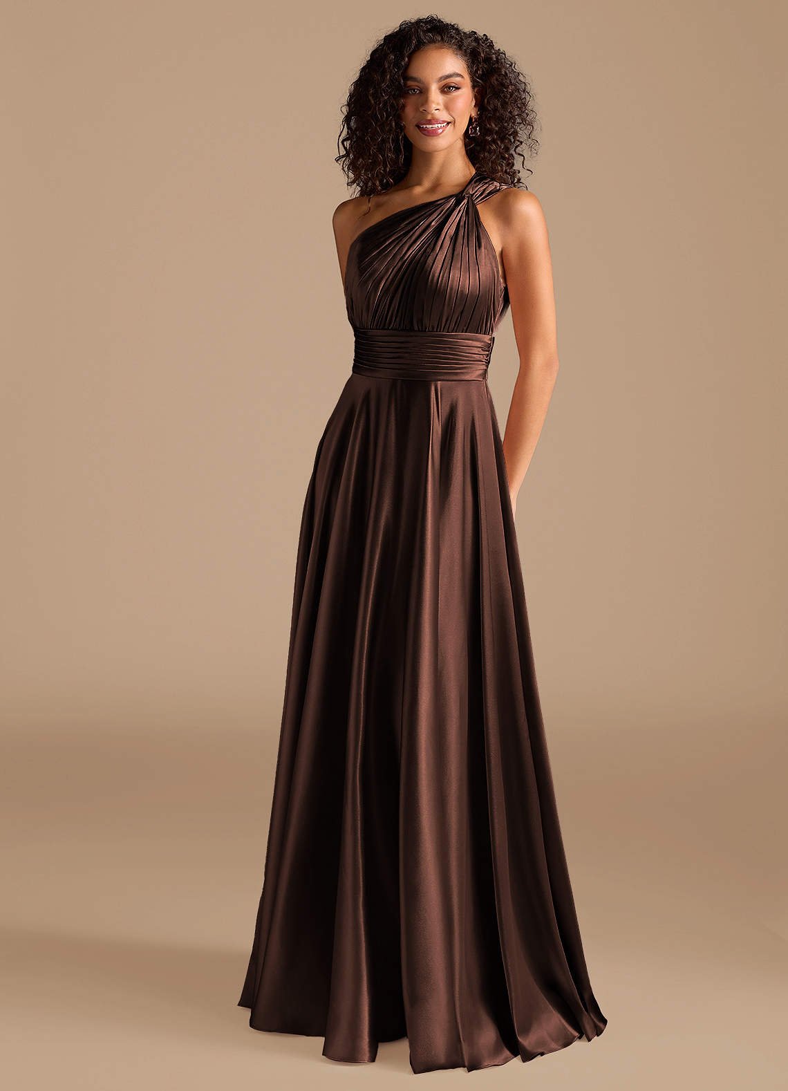 Charlize A-Line One-Shoulder Metallic Satin Bridesmaid Dress in Ganache