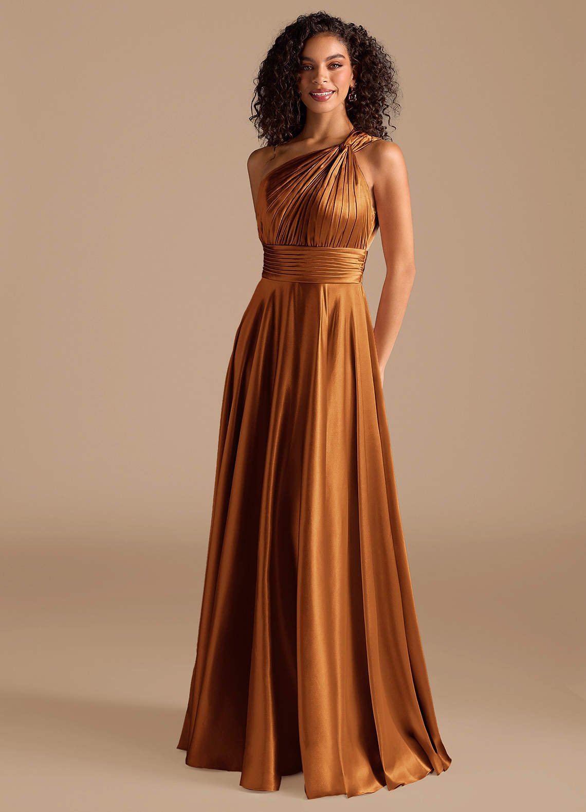 Charlize A-Line One-Shoulder Metallic Satin Bridesmaid Dress in Copper