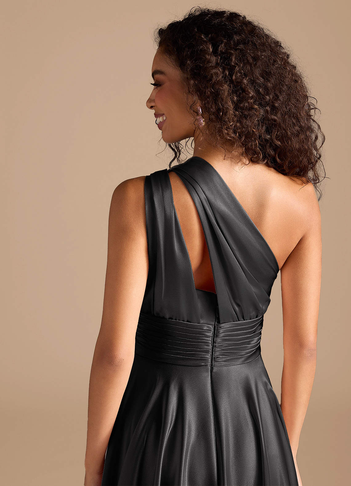 Charlize A-Line One-Shoulder Metallic Satin Bridesmaid Dress in black