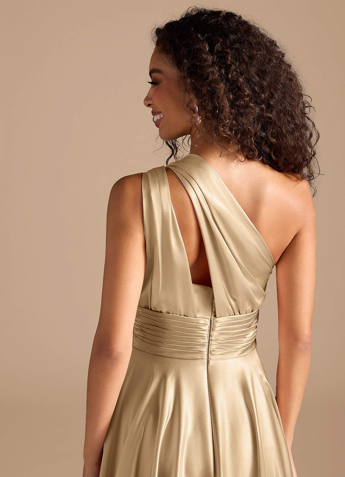 Charlize A-Line One-Shoulder Metallic Satin Bridesmaid Dress in Champagne