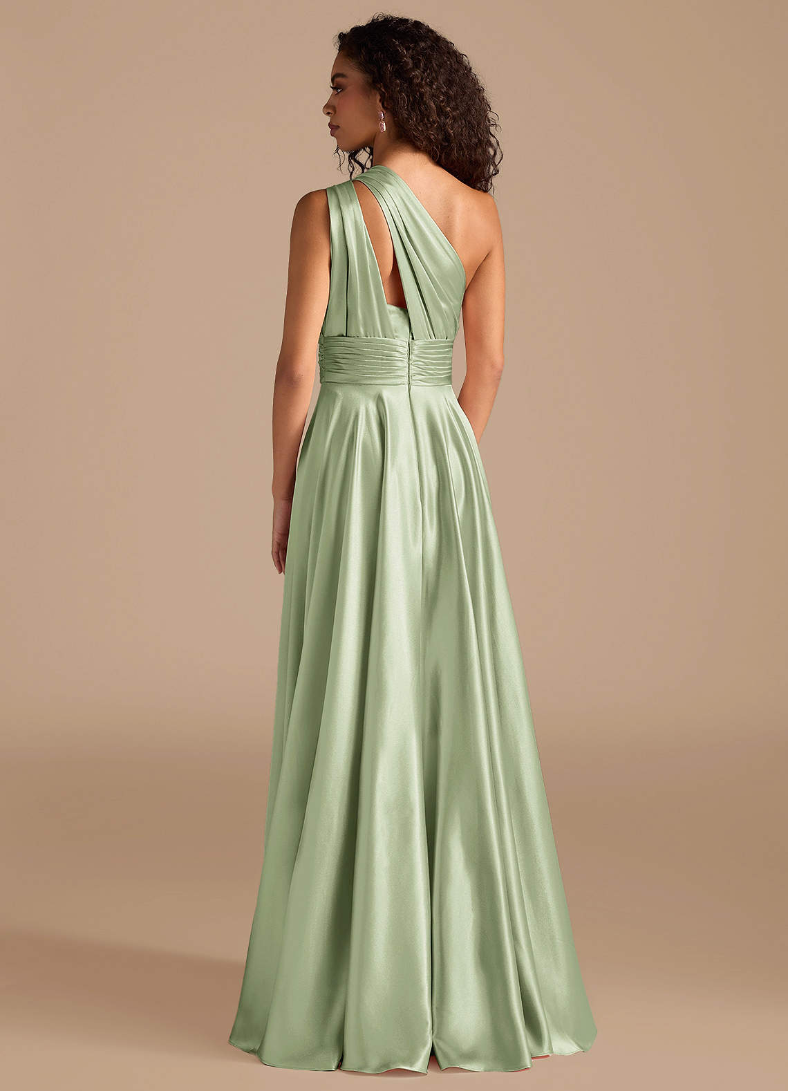 Charlize A-Line One-Shoulder Metallic Satin Bridesmaid Dress in Dusty Sage