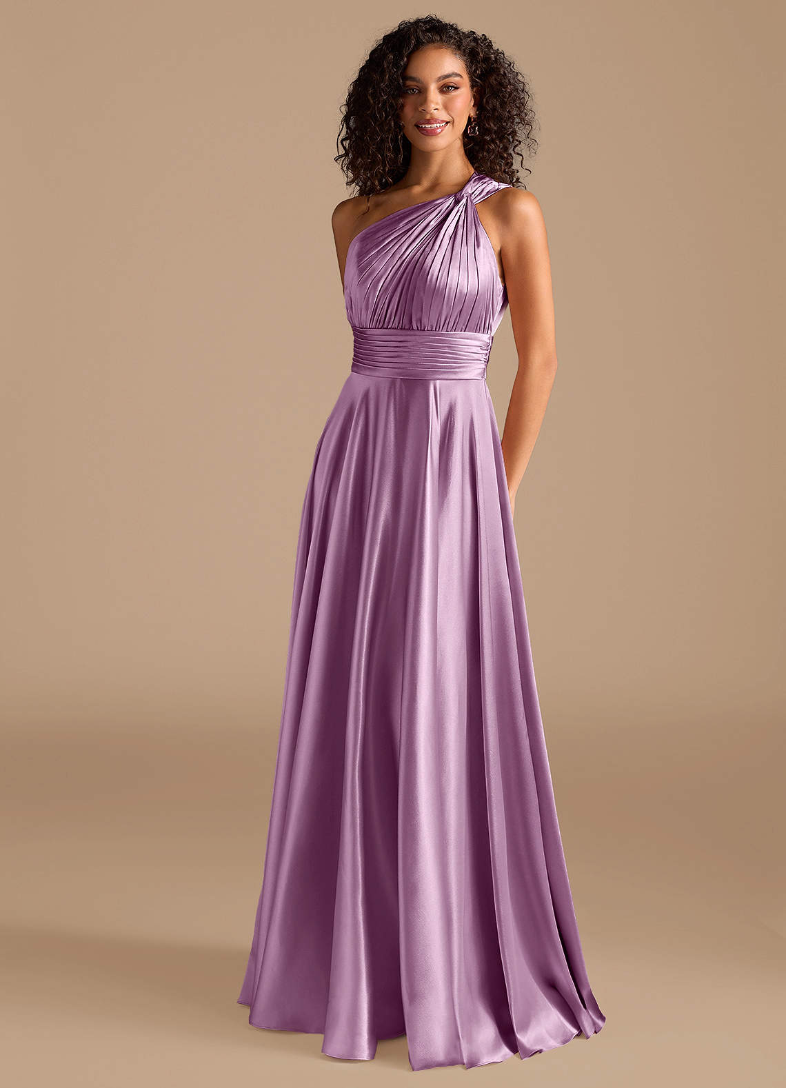 Charlize A-Line One-Shoulder Metallic Satin Bridesmaid Dress in Wisteria