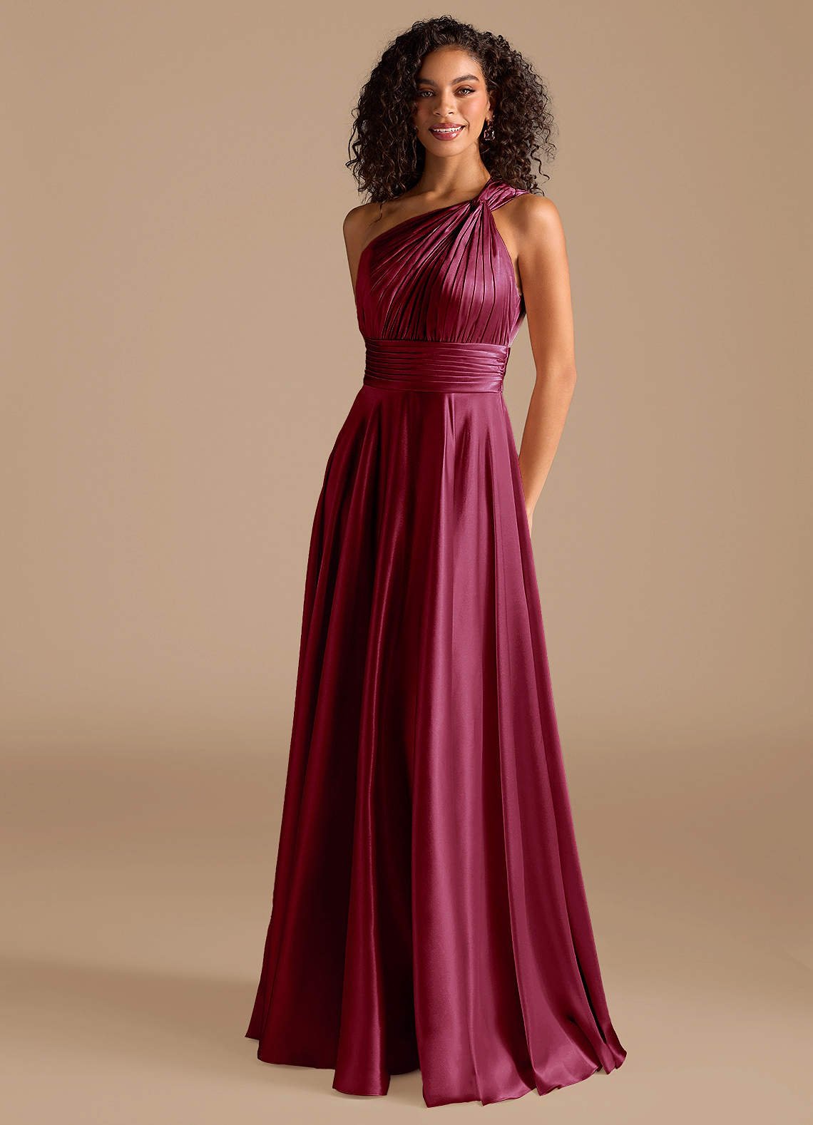 Charlize A-Line One-Shoulder Metallic Satin Bridesmaid Dress in Burgundy
