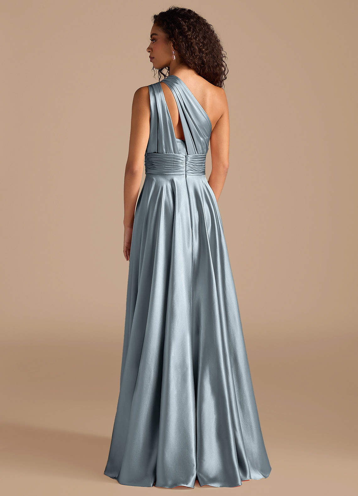 Charlize A-Line One-Shoulder Metallic Satin Bridesmaid Dress in dusty blue