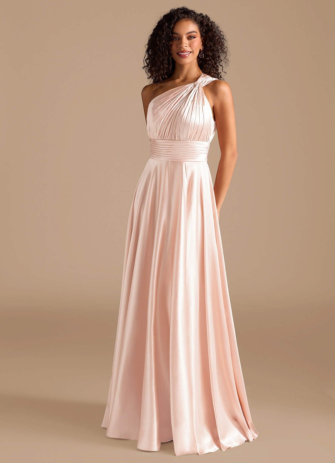 Charlize A-Line One-Shoulder Metallic Satin Bridesmaid Dress in rose gold