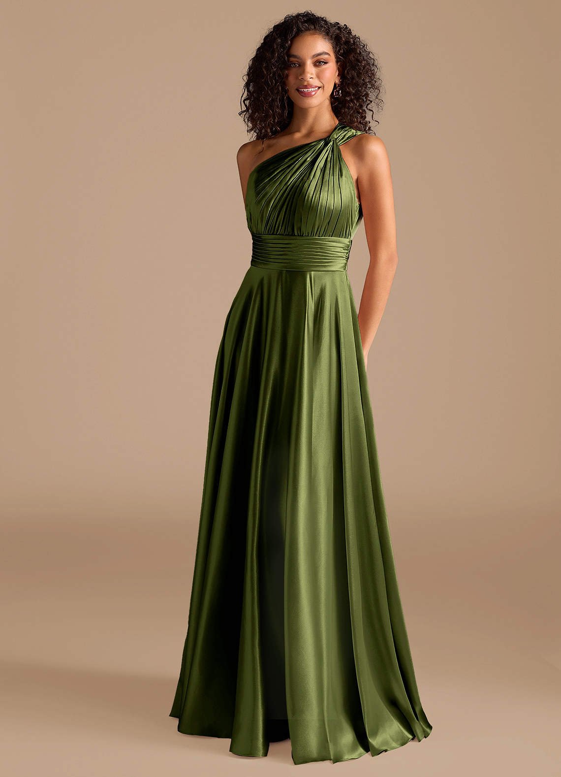Charlize A-Line One-Shoulder Metallic Satin Bridesmaid Dress in Olive
