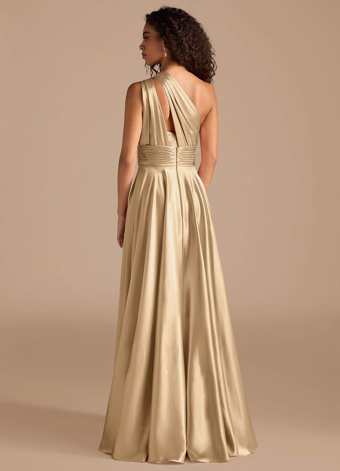 Charlize A-Line One-Shoulder Metallic Satin Bridesmaid Dress in Champagne