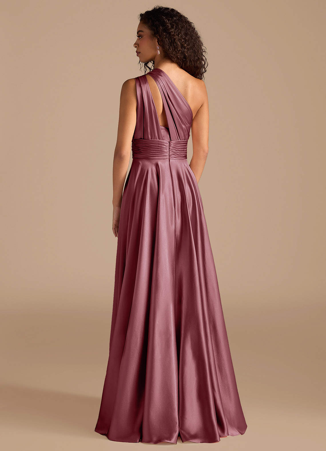 Charlize A-Line One-Shoulder Metallic Satin Bridesmaid Dress in Desert Rose