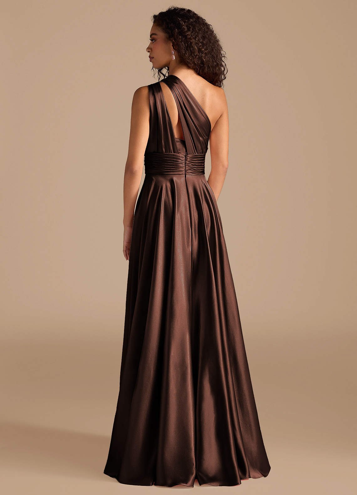 Charlize A-Line One-Shoulder Metallic Satin Bridesmaid Dress in Ganache