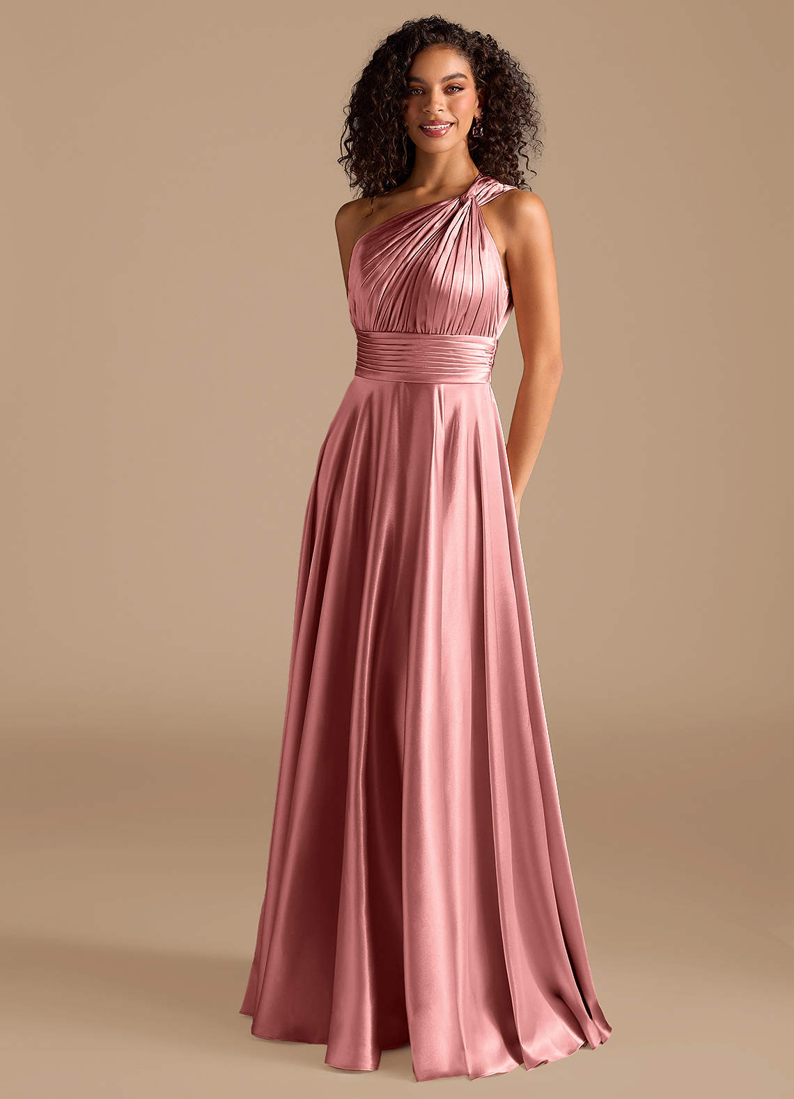 Charlize A-Line One-Shoulder Metallic Satin Bridesmaid Dress in Rosette