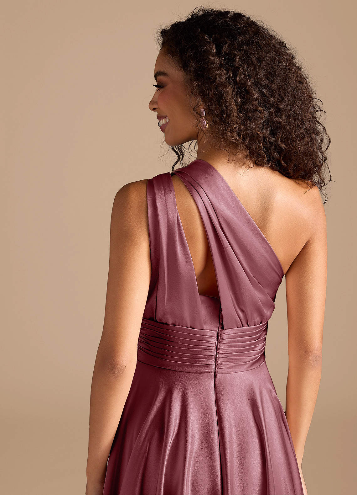 Charlize A-Line One-Shoulder Metallic Satin Bridesmaid Dress in Desert Rose
