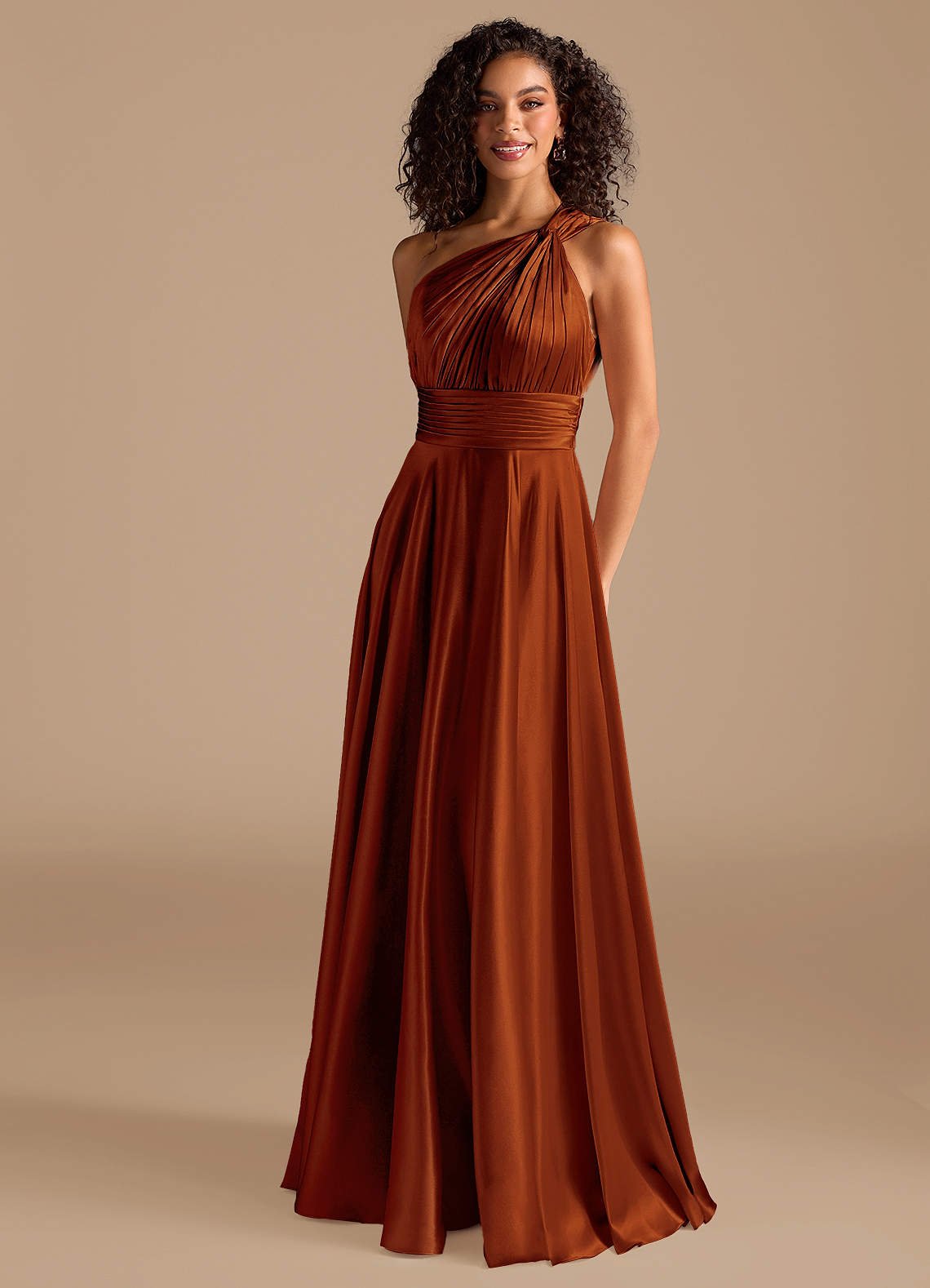 Charlize A-Line One-Shoulder Metallic Satin Bridesmaid Dress in Auburn