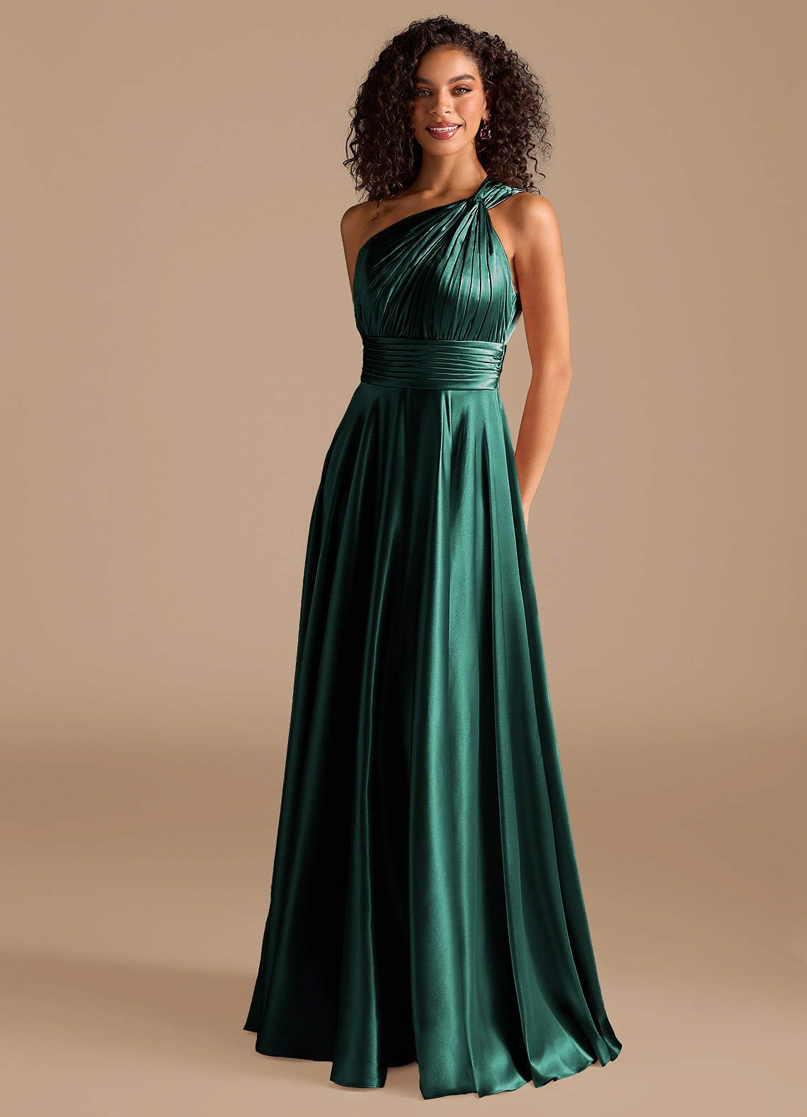 Charlize A-Line One-Shoulder Metallic Satin Bridesmaid Dress in Pine
