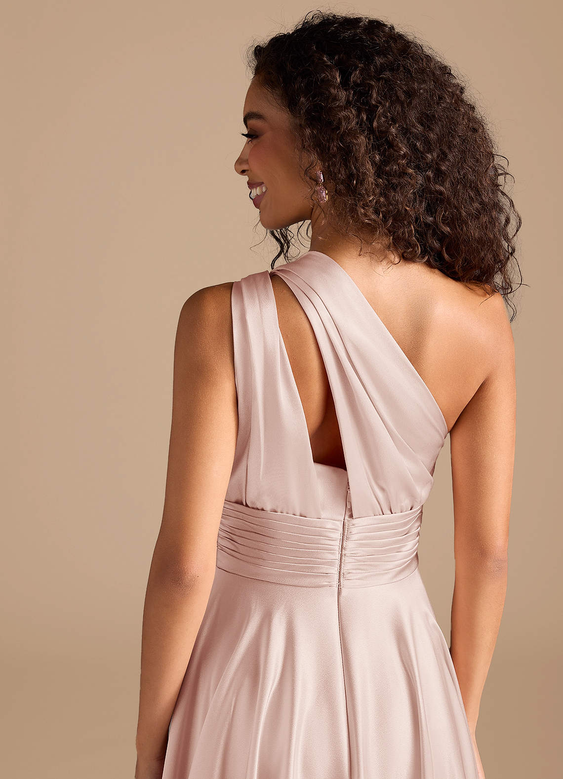 Charlize A-Line One-Shoulder Metallic Satin Bridesmaid Dress in Blushing Pink
