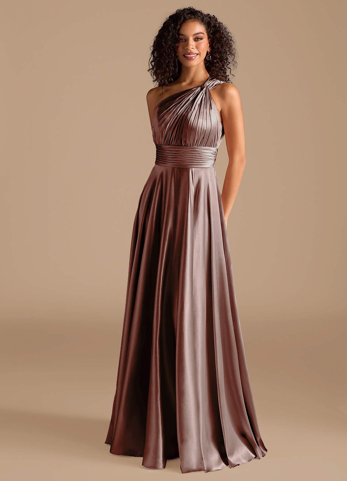 Charlize A-Line One-Shoulder Metallic Satin Bridesmaid Dress in Espresso