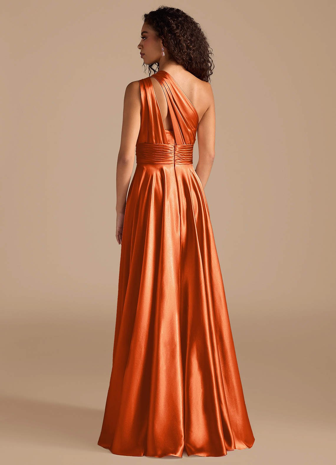 Charlize A-Line One-Shoulder Metallic Satin Bridesmaid Dress in Burnt Orange