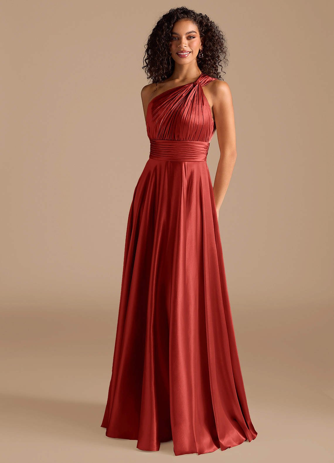 Charlize A-Line One-Shoulder Metallic Satin Bridesmaid Dress in Rust