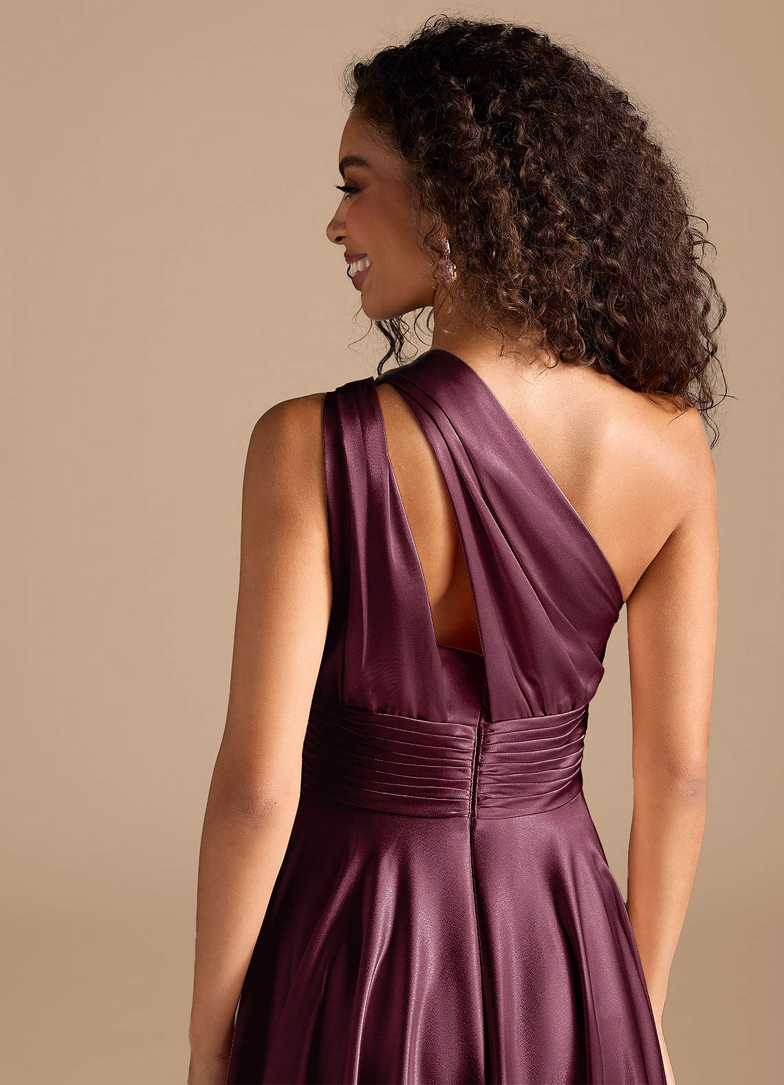 Charlize A-Line One-Shoulder Metallic Satin Bridesmaid Dress in Cabernet