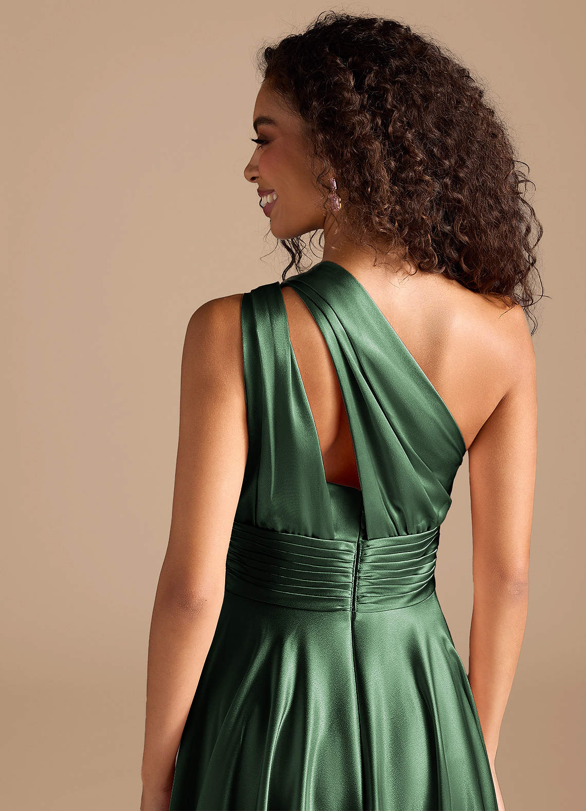 Charlize A-Line One-Shoulder Metallic Satin Bridesmaid Dress in Eucalyptus