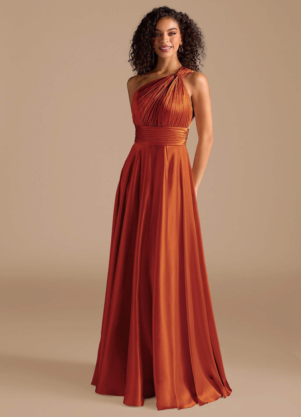 Charlize A-Line One-Shoulder Metallic Satin Bridesmaid Dress in Paprika