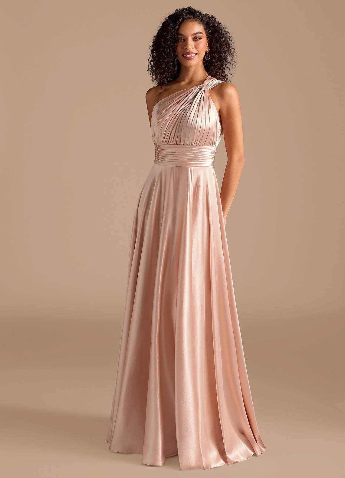 Charlize A-Line One-Shoulder Metallic Satin Bridesmaid Dress in English Rose
