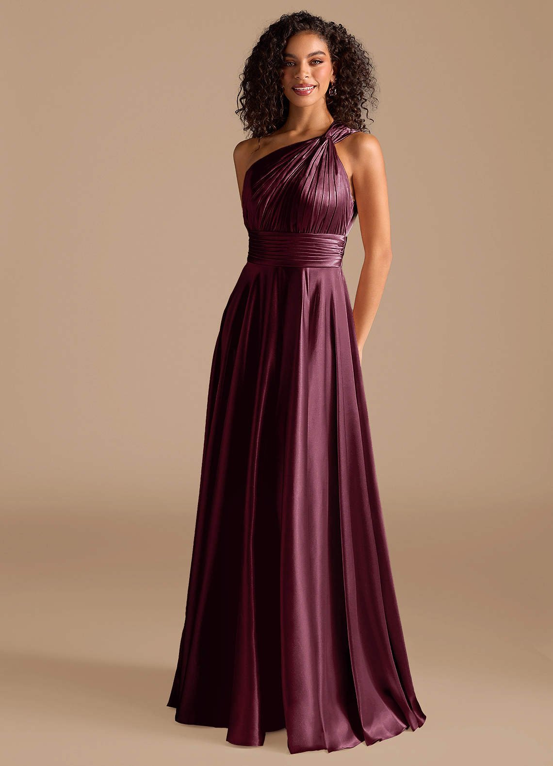 Charlize A-Line One-Shoulder Metallic Satin Bridesmaid Dress in Cabernet