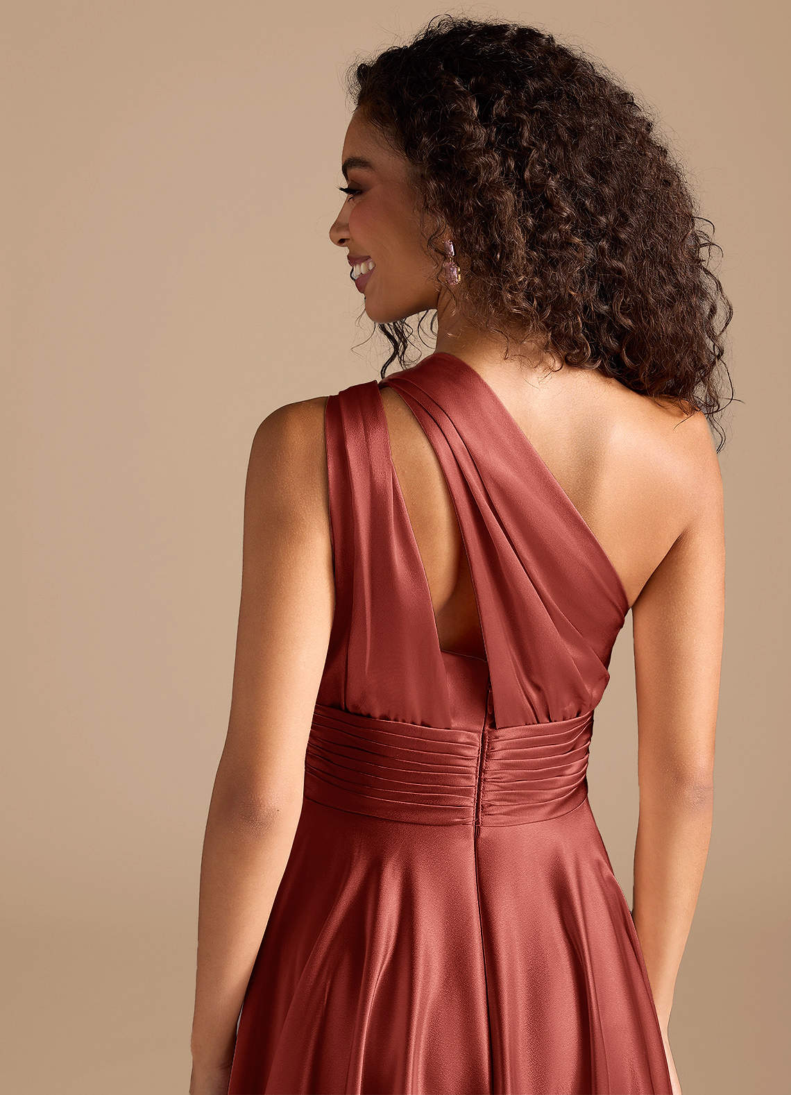 Charlize A-Line One-Shoulder Metallic Satin Bridesmaid Dress in Terracotta
