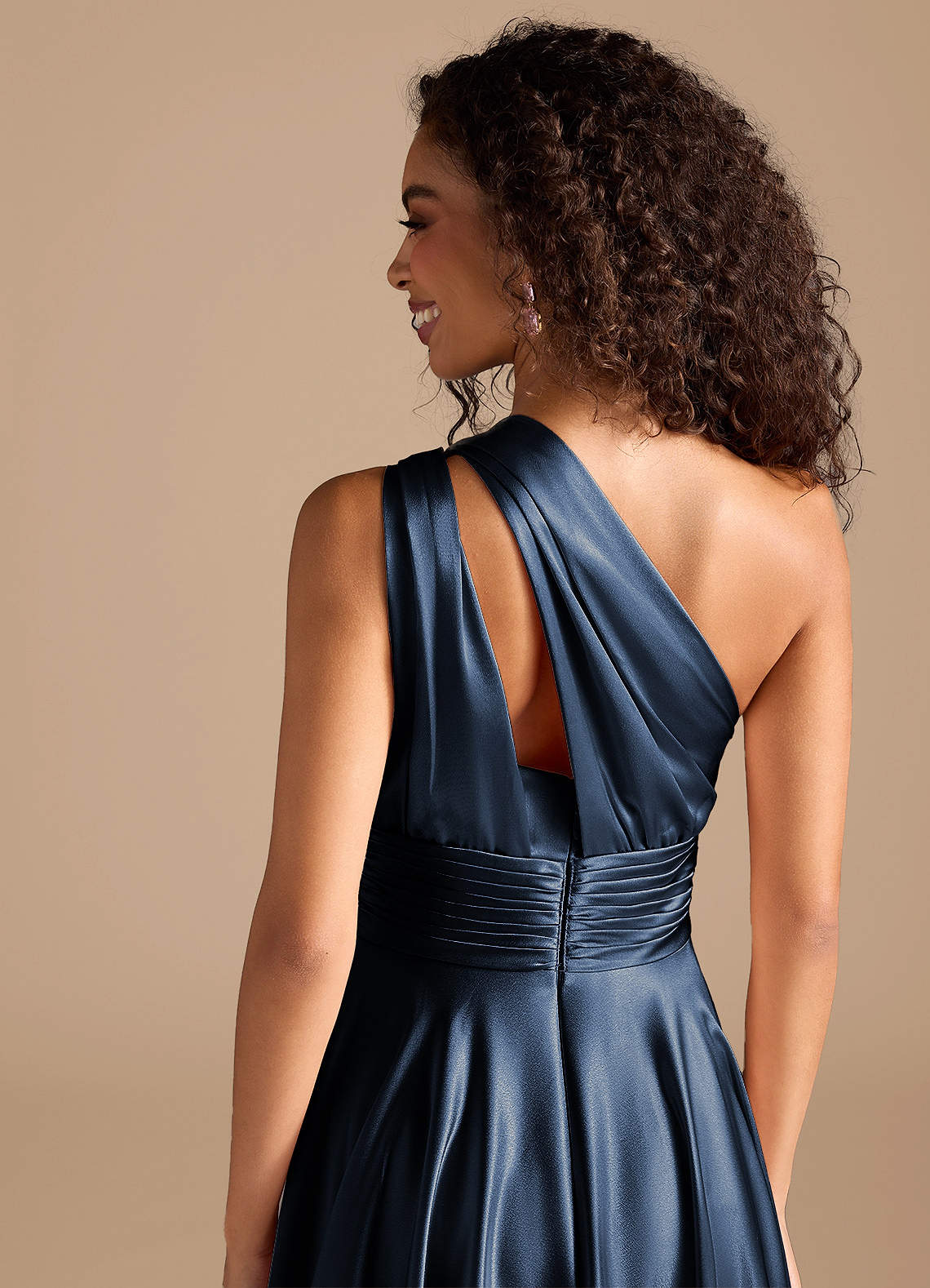 Charlize A-Line One-Shoulder Metallic Satin Bridesmaid Dress in Dark Navy