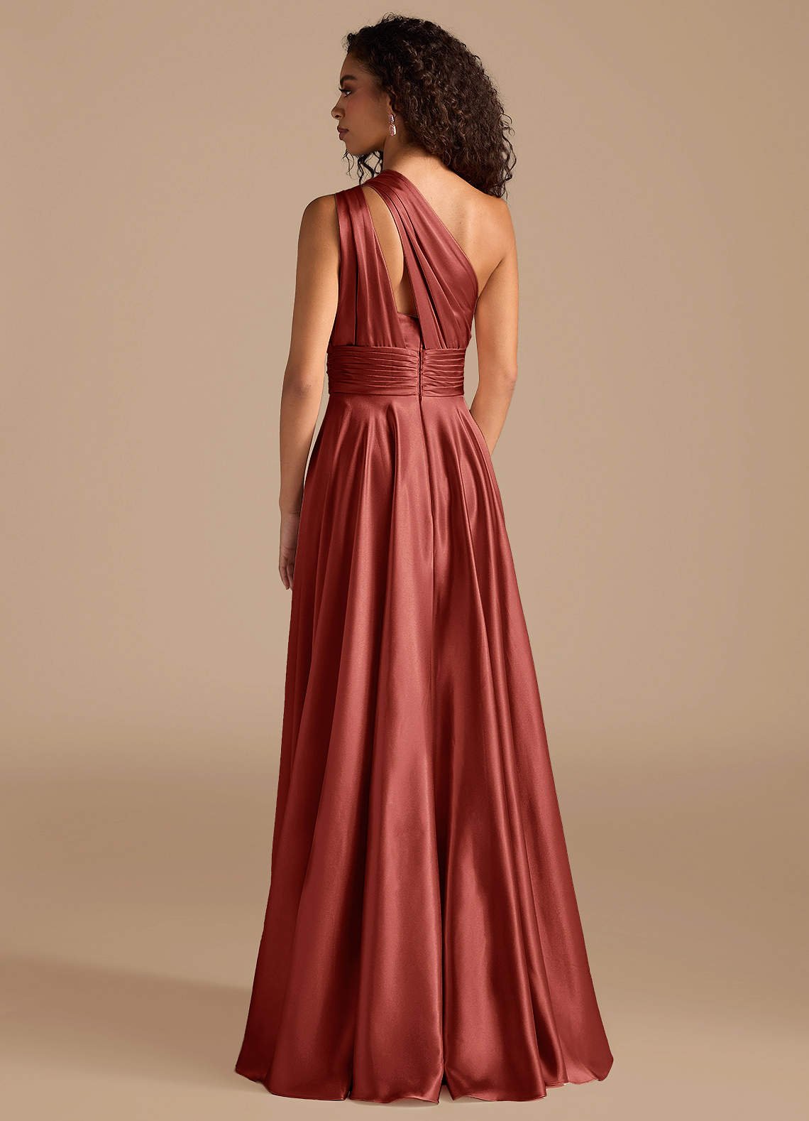 Charlize A-Line One-Shoulder Metallic Satin Bridesmaid Dress in Terracotta