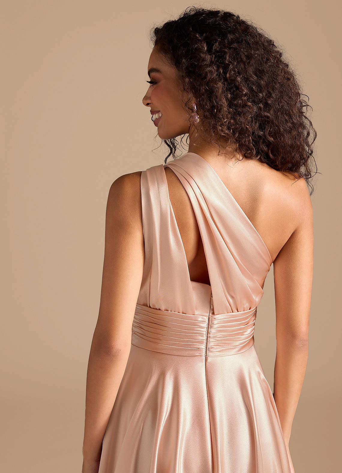 Charlize A-Line One-Shoulder Metallic Satin Bridesmaid Dress in English Rose