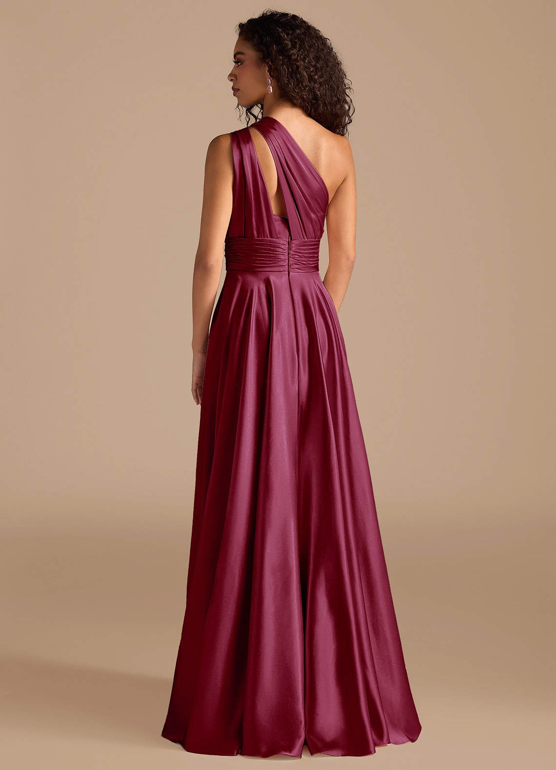 Charlize A-Line One-Shoulder Metallic Satin Bridesmaid Dress in Burgundy