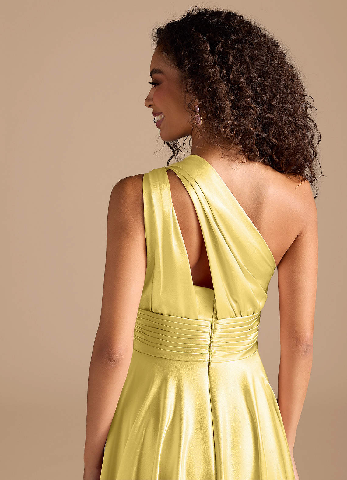 Charlize A-Line One-Shoulder Metallic Satin Bridesmaid Dress in Canary