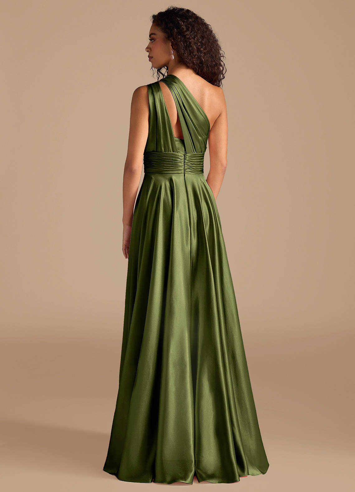 Charlize A-Line One-Shoulder Metallic Satin Bridesmaid Dress in Olive