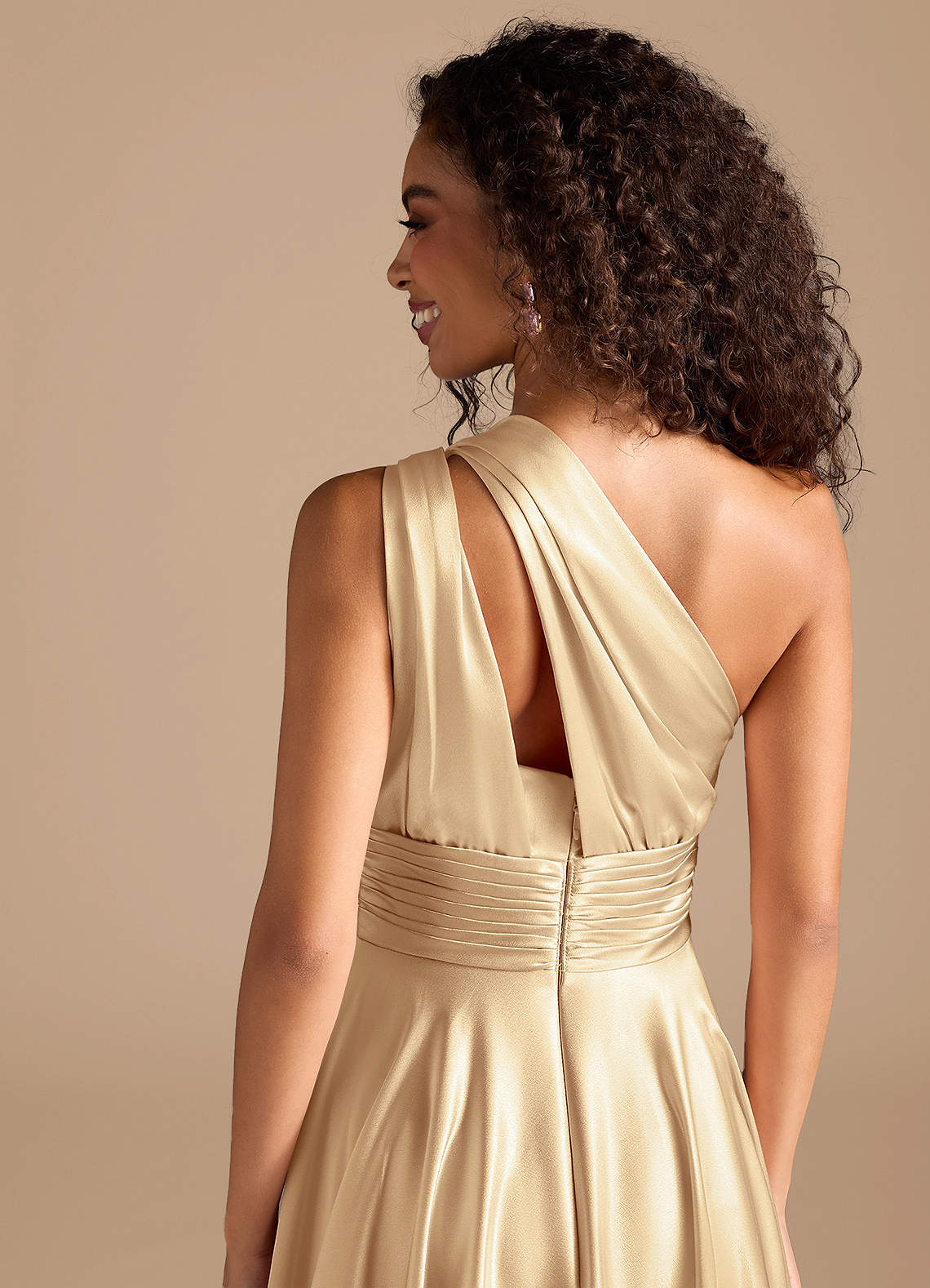 Charlize A-Line One-Shoulder Metallic Satin Bridesmaid Dress in Gold