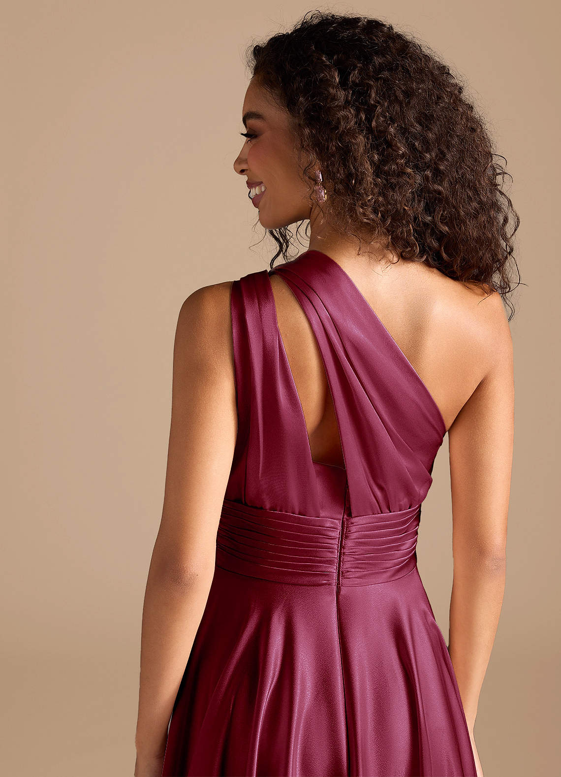 Charlize A-Line One-Shoulder Metallic Satin Bridesmaid Dress in Burgundy
