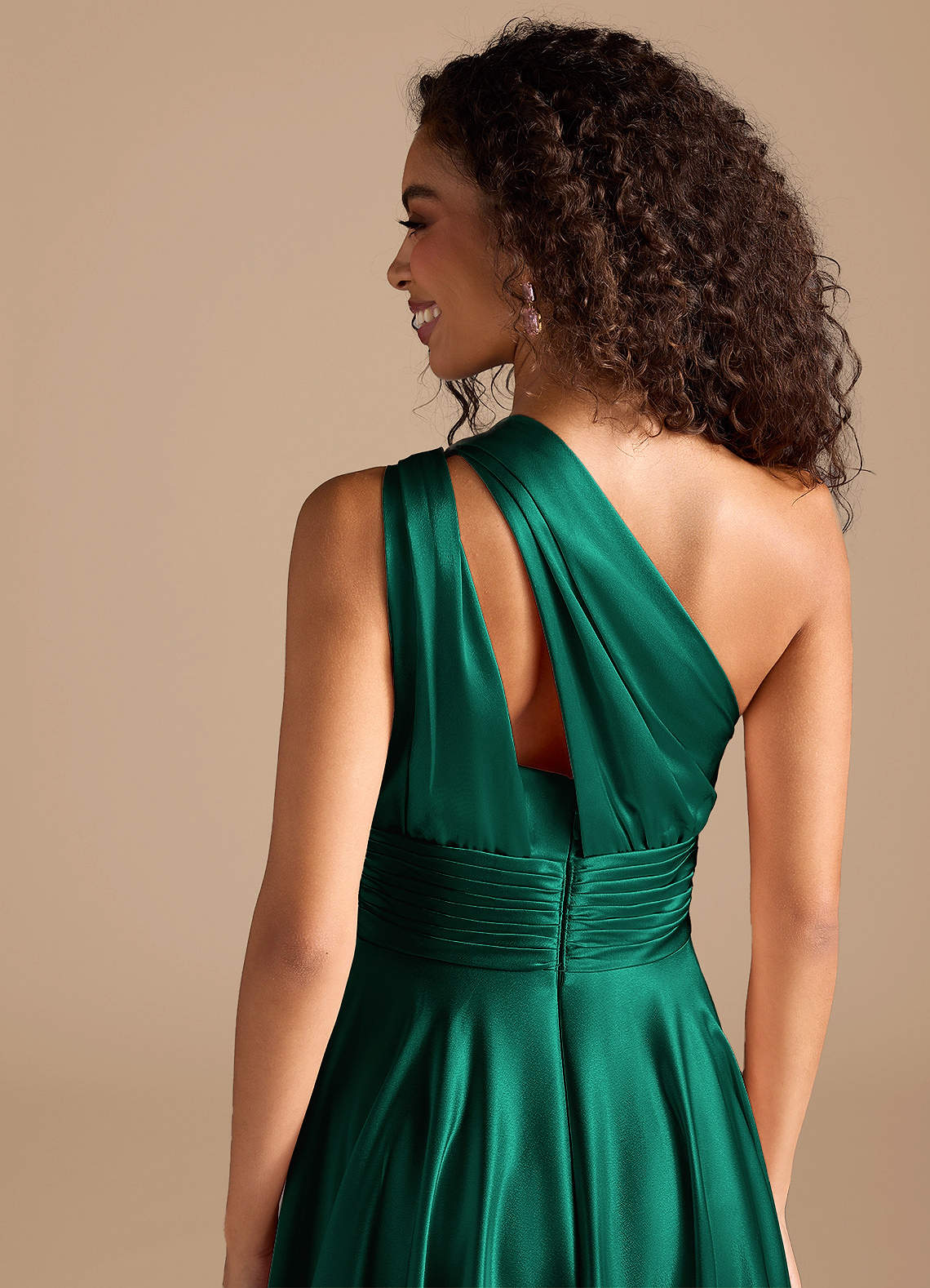 Charlize A-Line One-Shoulder Metallic Satin Bridesmaid Dress in Emerald