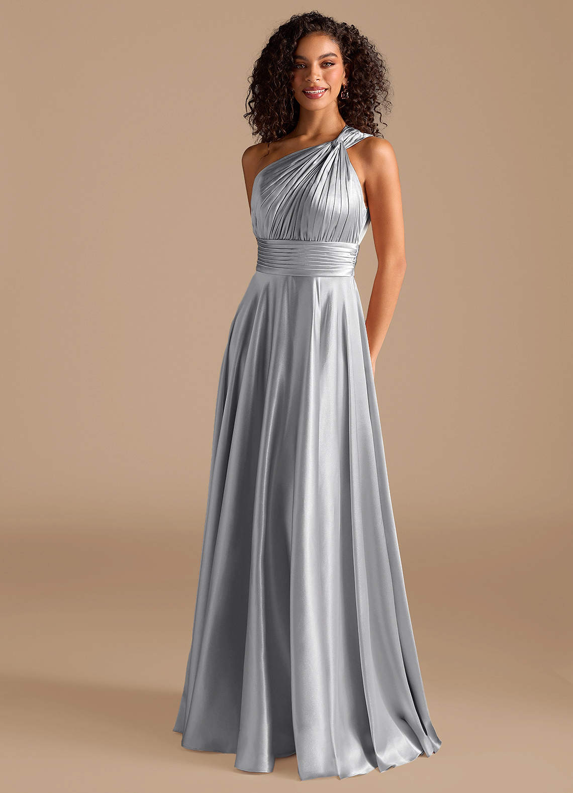 Charlize A-Line One-Shoulder Metallic Satin Bridesmaid Dress in Silver