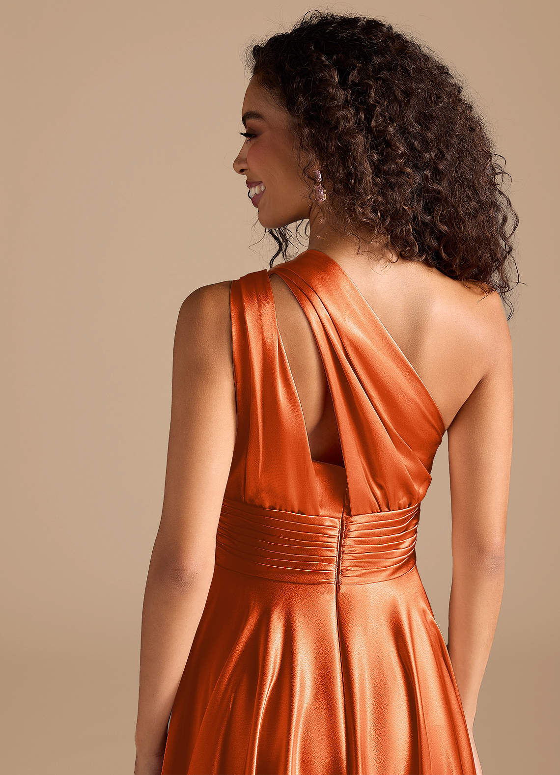 Charlize A-Line One-Shoulder Metallic Satin Bridesmaid Dress in Burnt Orange