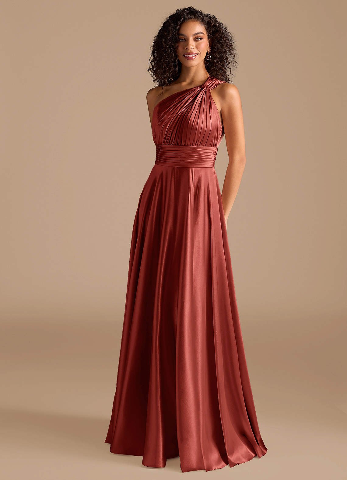 Charlize A-Line One-Shoulder Metallic Satin Bridesmaid Dress in Terracotta