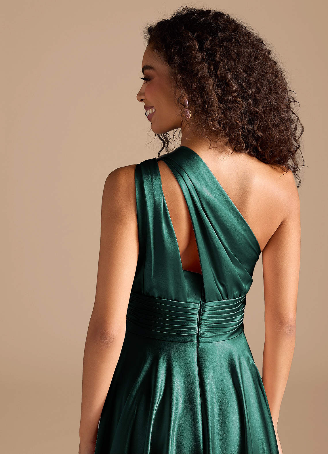 Charlize A-Line One-Shoulder Metallic Satin Bridesmaid Dress in Pine