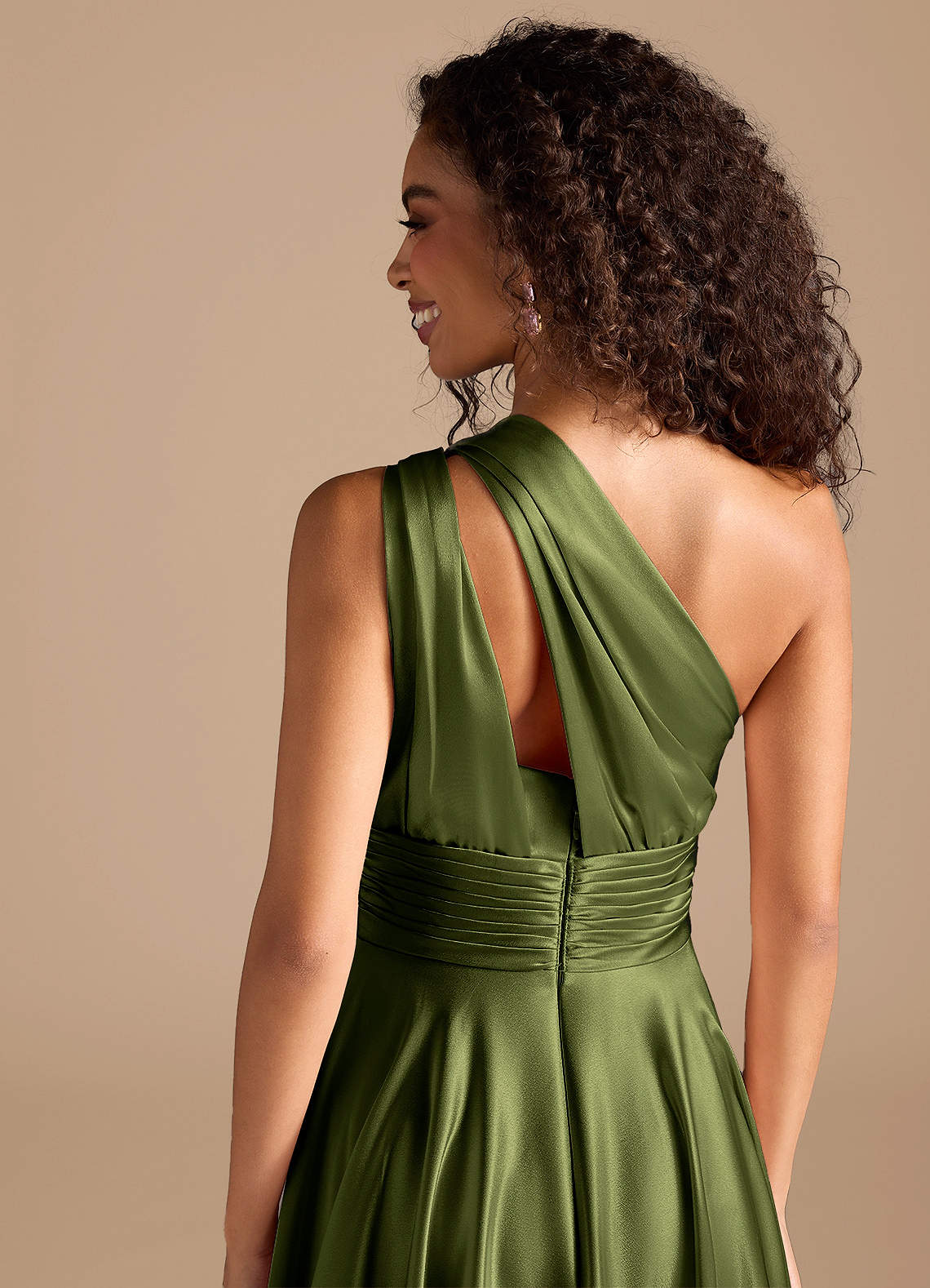 Charlize A-Line One-Shoulder Metallic Satin Bridesmaid Dress in Olive
